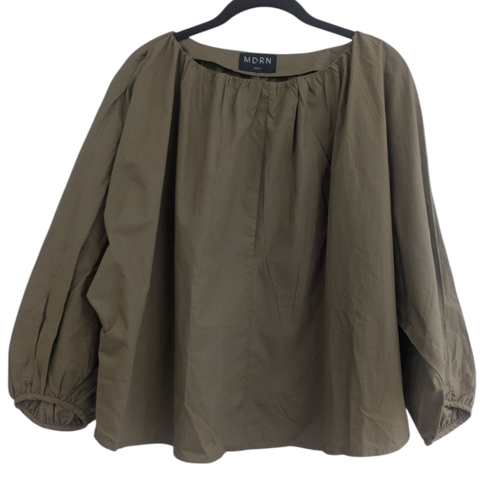 Olive Balloon Sleeve Peasant Top
